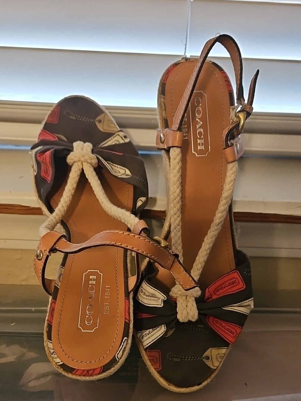 Coach Multicolor Bow Espadrille Sandals with Tan Straps